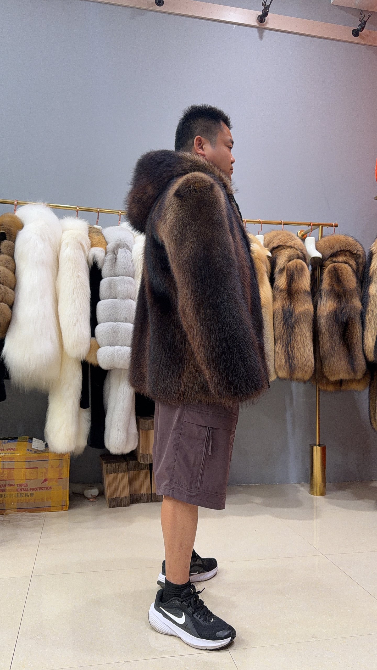 #2675 Men's Hooded Fisher Fur Coat Full Skin, Real Fur Zipper Luxury Winter Outerwear Store Model Shot.D