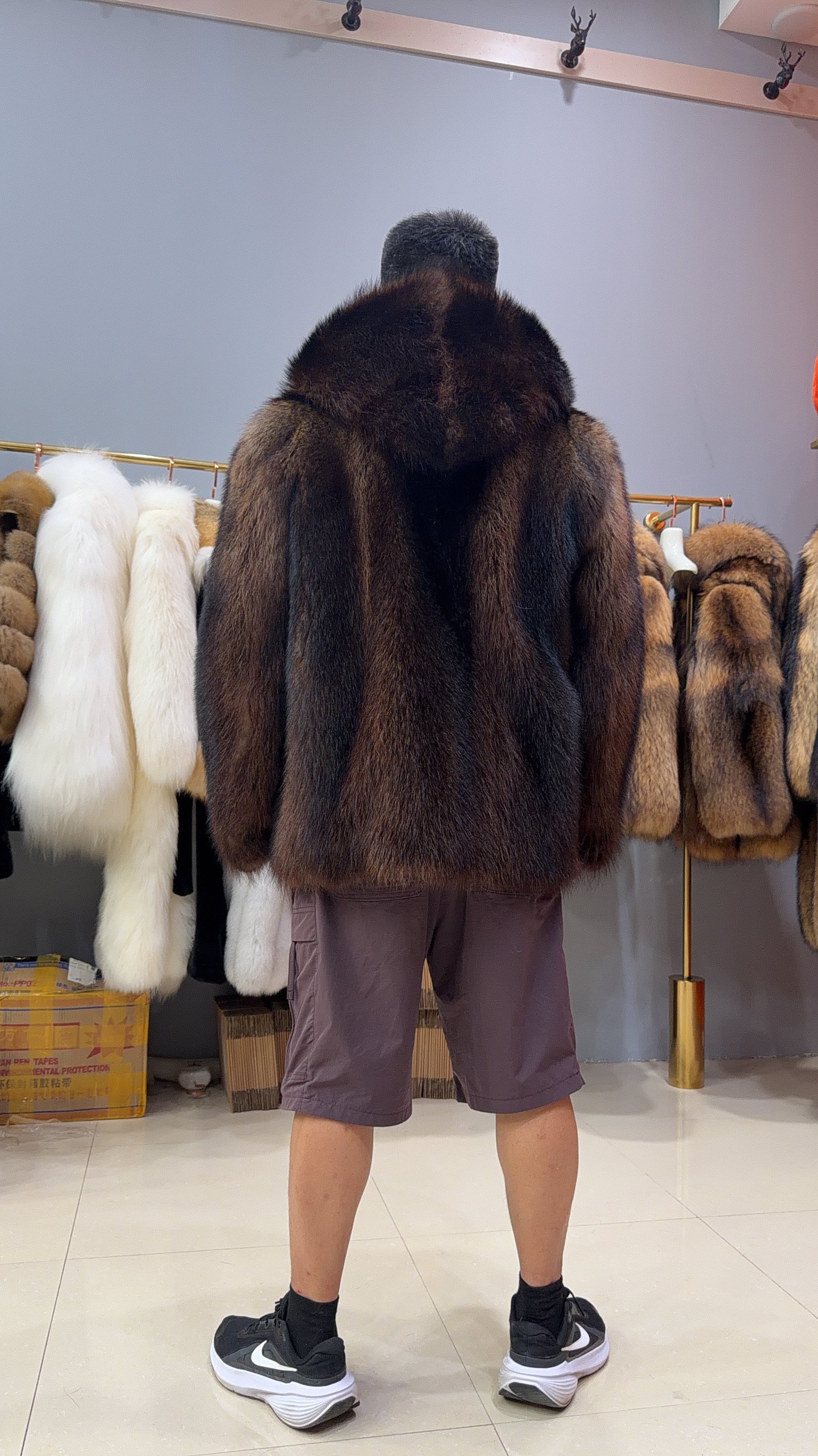 #2675 Men's Hooded Fisher Fur Coat Full Skin, Real Fur Zipper Luxury Winter Outerwear Store Model Shot.C