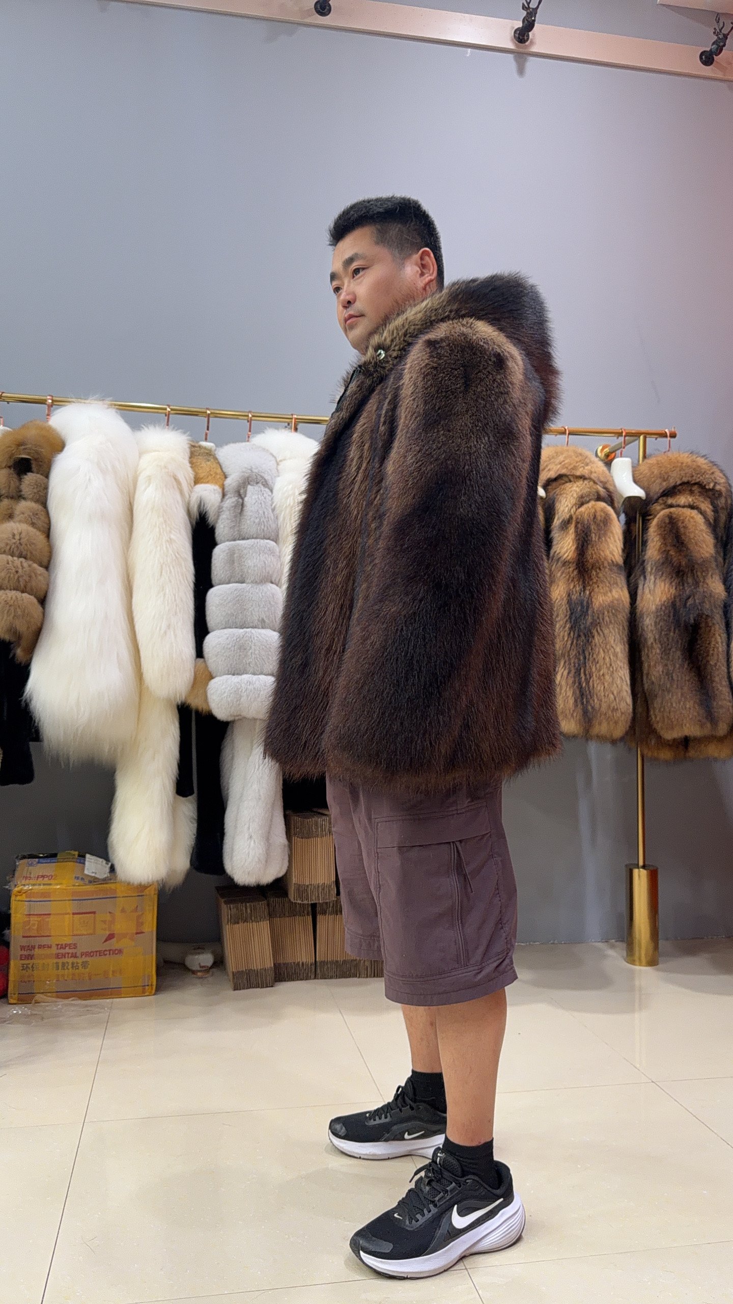 #2675 Men's Hooded Fisher Fur Coat Full Skin, Real Fur Zipper Luxury Winter Outerwear Store Model Shot.B