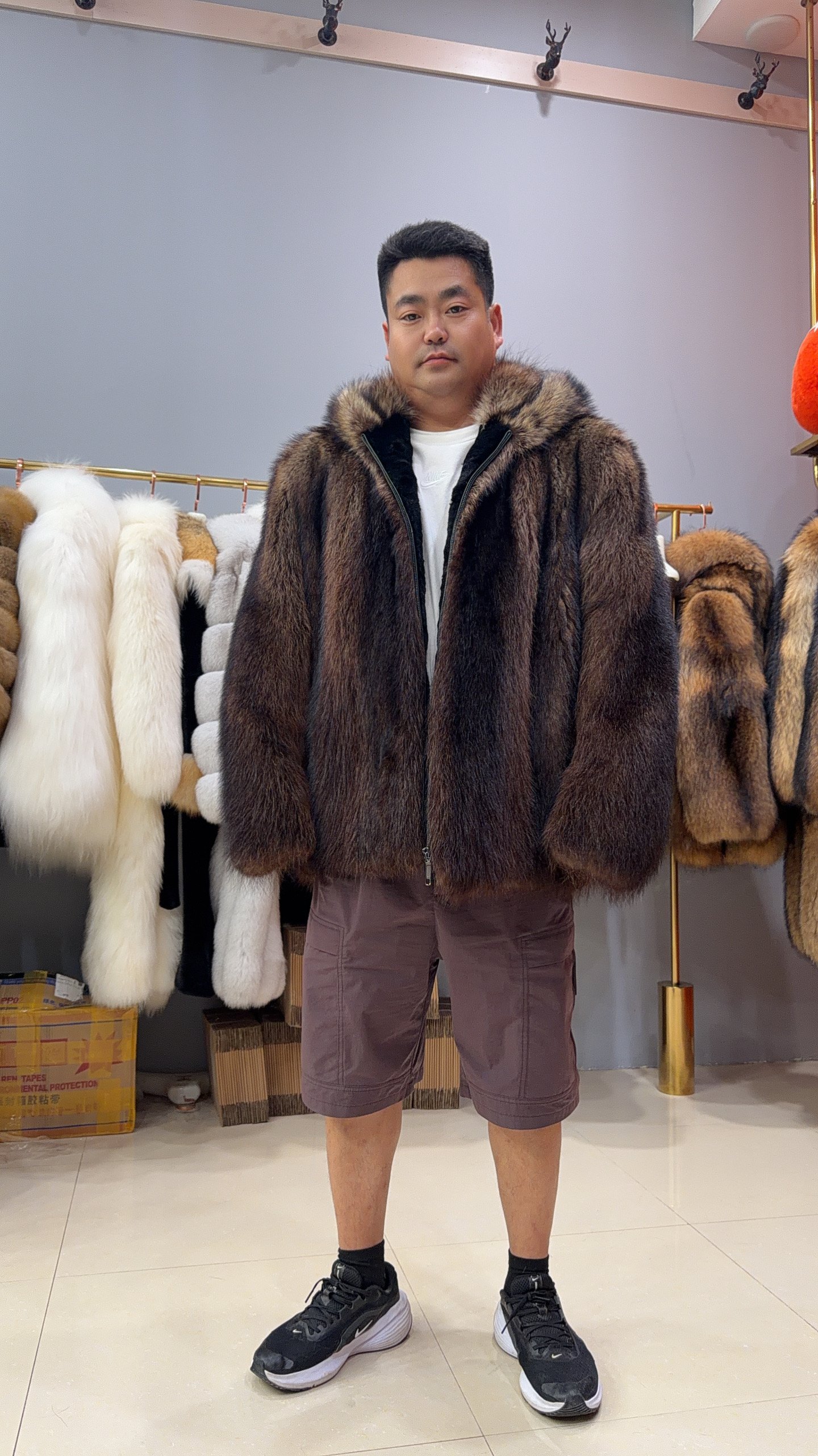 #2675 Men's Hooded Fisher Fur Coat Full Skin, Real Fur Zipper Luxury Winter Outerwear Store Model Shot.A