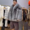 #2672 Men Short Silver Fox Fur Coat, Oversized Luxury Real Fox Fur Jacket With Lapel Collar Winter Outerwear.A