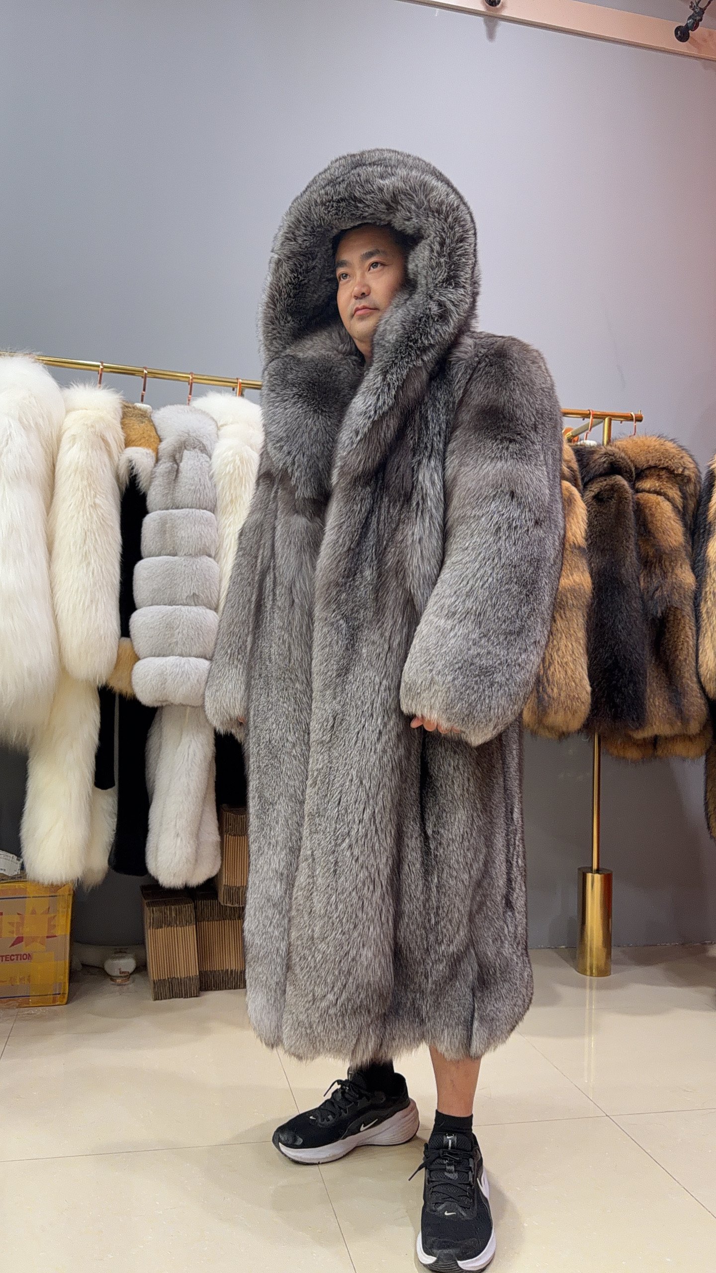#2671 Men Long Full Skin Silver Fox Fur Coat , Oversized Luxury Warm Fox Fur Winter Outerwear With Hood.E