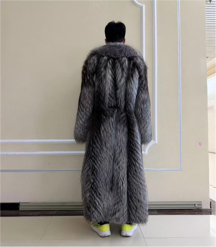 #2669 Extra Long Silver Fox Fur Coat , Full Skin Real Fox Fur Luxury Knee Length Winter Outerwear.B