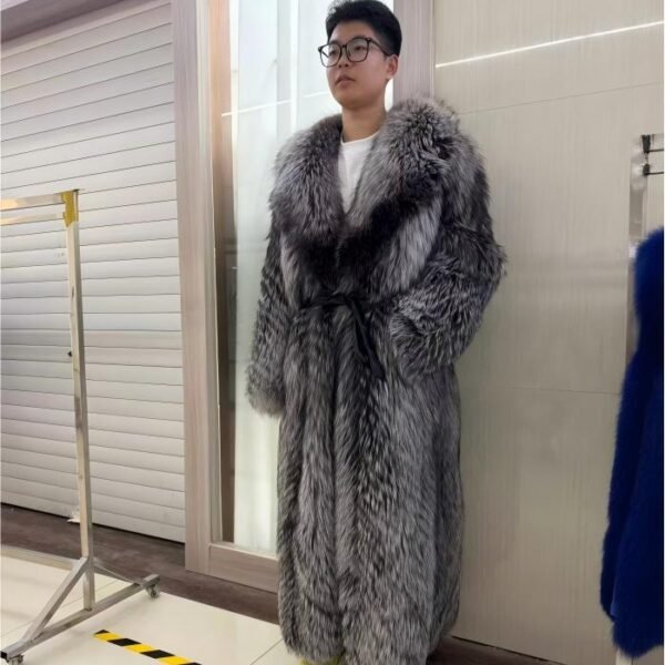#2669 Extra Long Silver Fox Fur Coat , Full Skin Real Fox Fur Luxury Knee Length Winter Outerwear.A