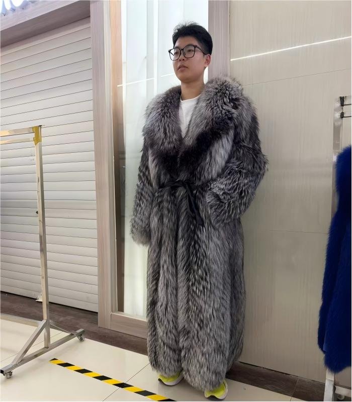 #2669 Extra Long Silver Fox Fur Coat , Full Skin Real Fox Fur Luxury Knee Length Winter Outerwear.A
